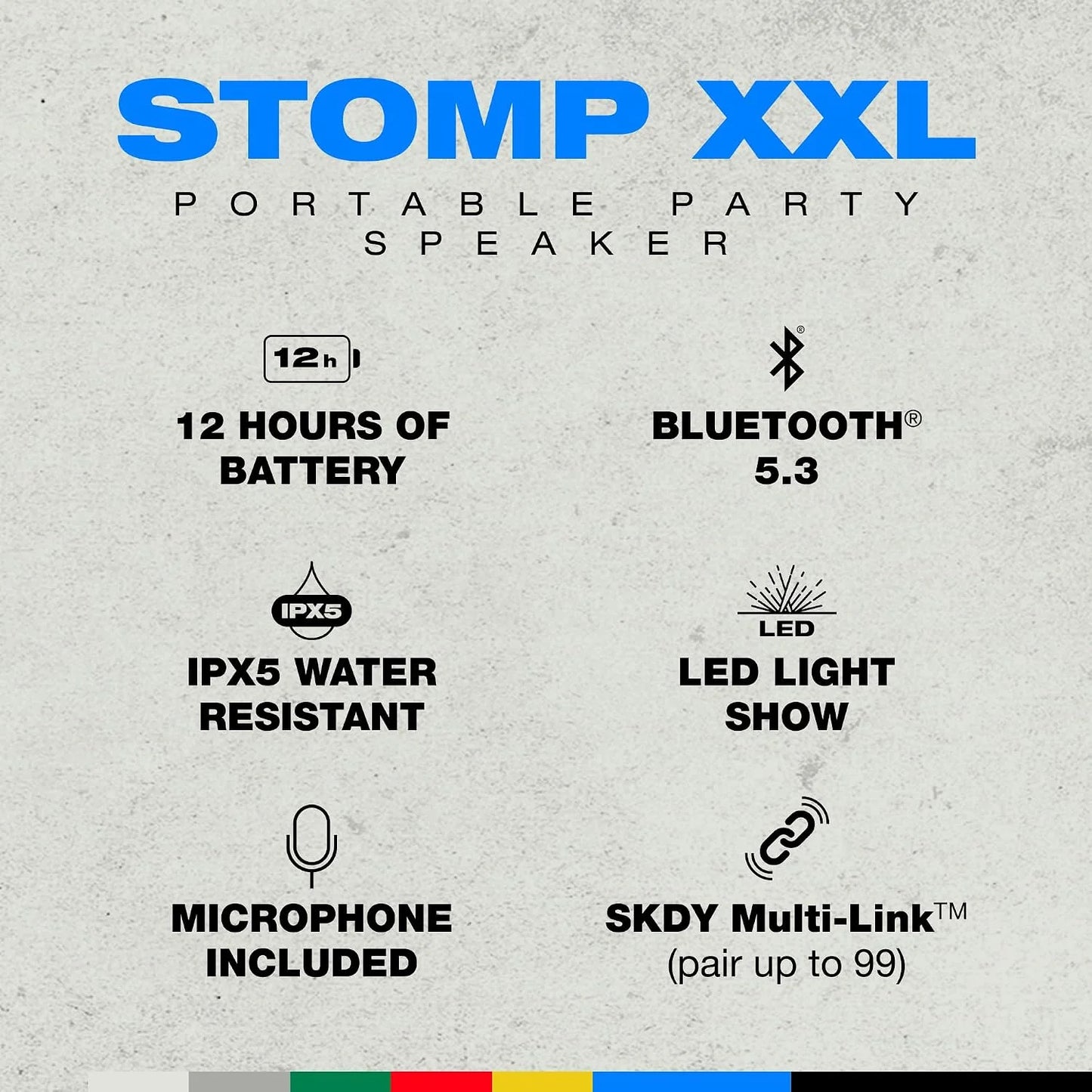 Skullcandy Stomp Bluetooth Speaker – IPX7 Waterproof Wireless Portable Speaker, with LED Lightshow & Strobe Modes, 12 Hour Battery, Multi-Link, & USB-C & USB-A Output Charging (Stomp XXL, Black)