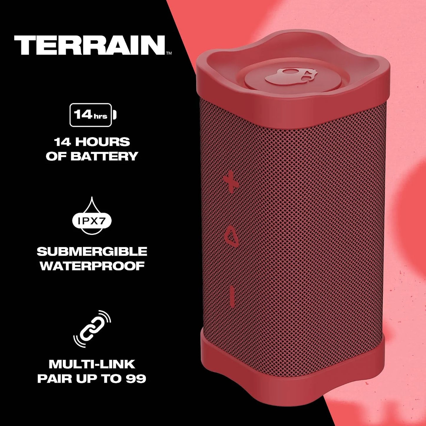 Skullcandy Wireless Bluetooth Speaker - IPX7 Waterproof Portable Terrain Speaker with Dual Custom Passive Radiators, 14 Hour Battery, Nylon Wrist Wrap, & True Wireless Stereo (Red)