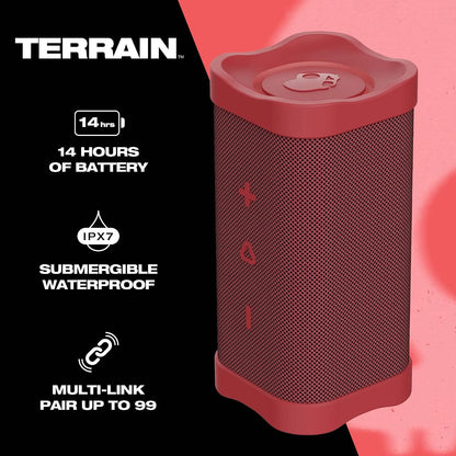 Skullcandy Wireless Bluetooth Speaker - IPX7 Waterproof Portable Terrain Speaker with Dual Custom Passive Radiators, 14 Hour Battery, Nylon Wrist Wrap, & True Wireless Stereo (Red)
