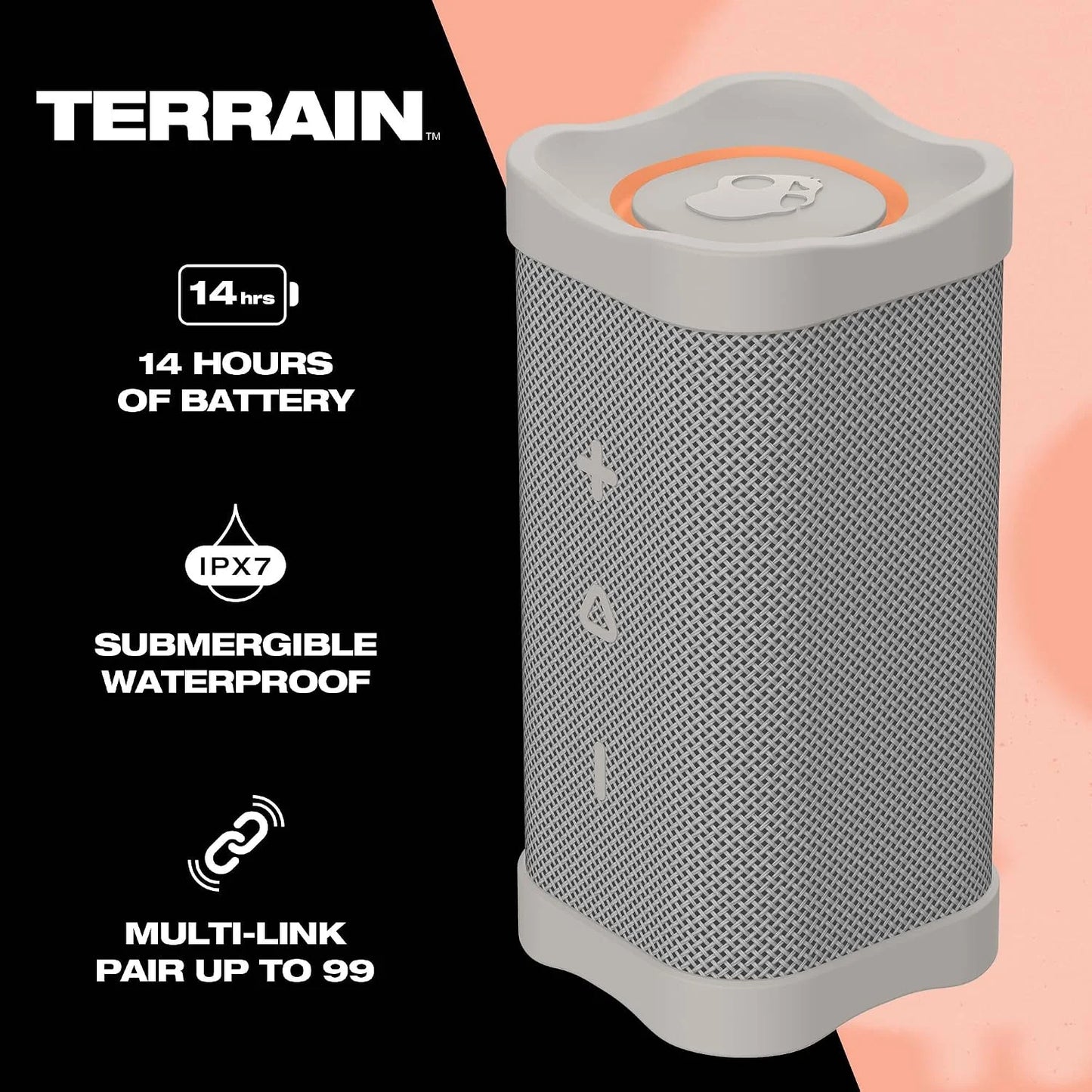 Lifeworks Skullcandy Terrain Wireless Bluetooth Speaker - IPX7 Waterproof Portable Speaker with Dual Custom Passive Radiators, 14 Hour Battery, Nylon Wrist Wrap, & True Wireless Stereo