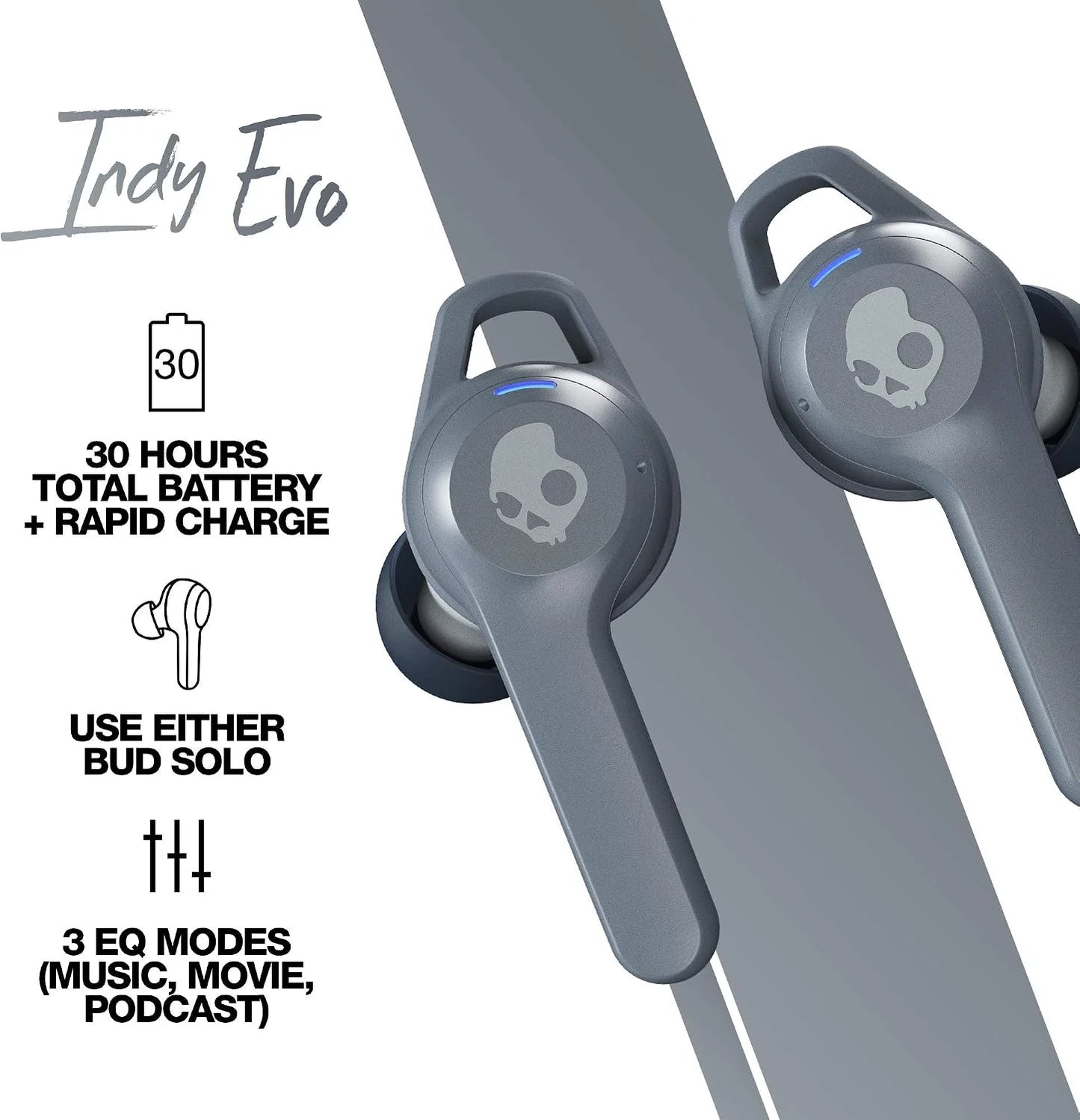 Skullcandy Indy Evo in-Ear Wireless Earbuds, 30 Hr Battery, Microphone, Works with iPhone Android and Bluetooth Devices - Grey
