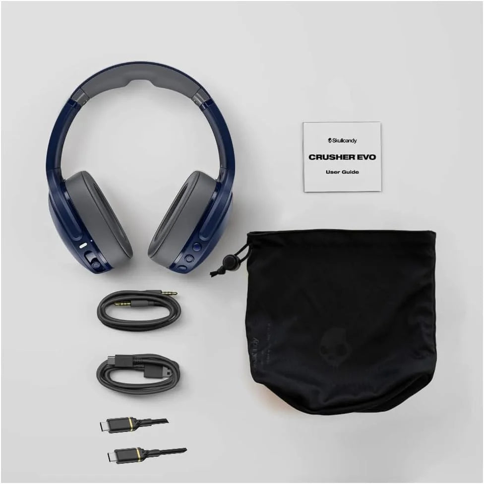 Skullcandy Crusher Evo Wireless Bluetooth Headphones Blue/Grey, Multi-Sensory Bass, 40Hr Wireless, Noise Isolating Over-Ear, Mic for iPhone/Android, Extra 3ft USB-C to USB-C Charging Cable