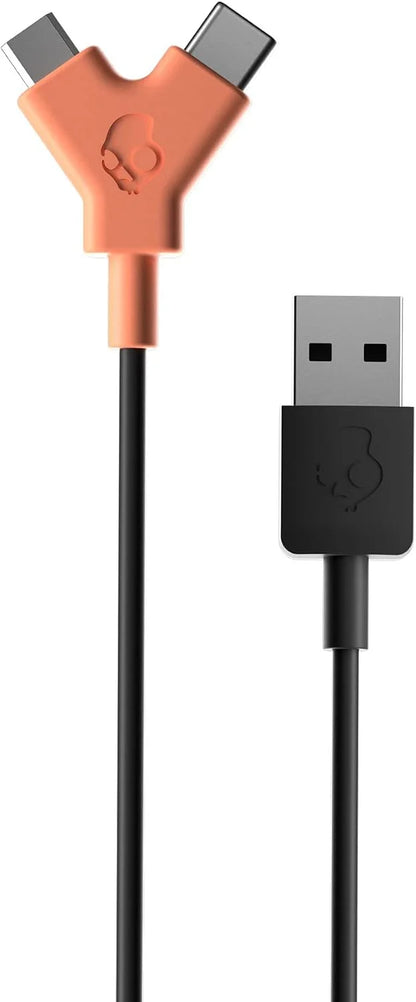 Skullcandy Line Duo USB Charger Cable, 12W USB A to Micro USB/USB C Dual Charger Cable for Samsung/Android Phones, Speakers, Headphones and Bluetooth Devices, 2ft - Black/Orange