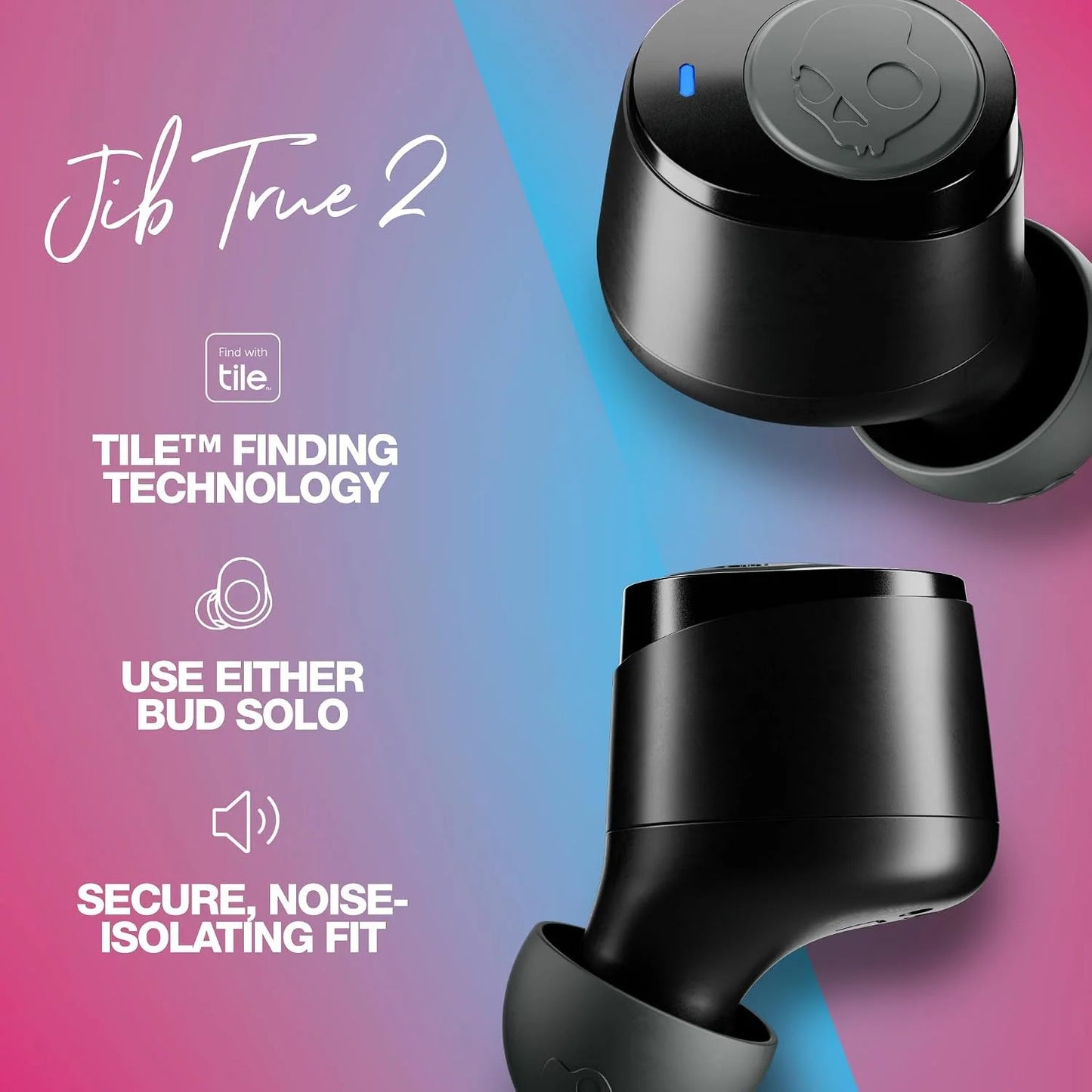 Skullcandy Jib True 2 Wireless Earbuds,Bluetooth Headphones,Up to 33 Hours Battery with Charging Case,Noise Isolating Fit,Sweat and Water Resistant,Microphone for iPhone Android-True Black,(Pack of 2)