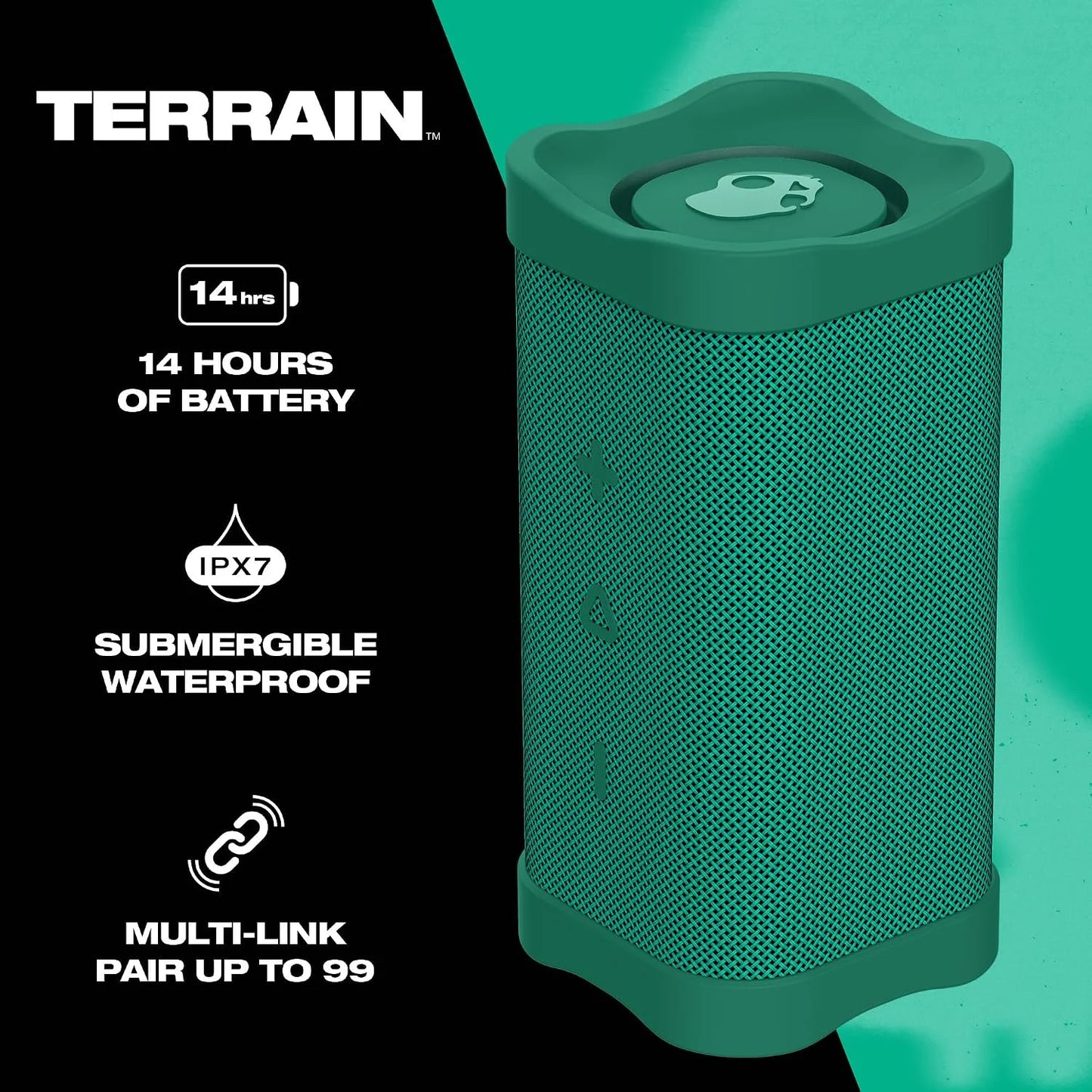 Skullcandy Terrain Wireless Bluetooth Speaker - IPX7 Waterproof Portable Speaker with Dual Custom Passive Radiators, 14 Hour Battery, Nylon Wrist Wrap, & True Wireless Stereo (Green)