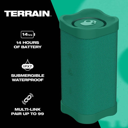 Skullcandy Terrain Wireless Bluetooth Speaker - IPX7 Waterproof Portable Speaker with Dual Custom Passive Radiators, 14 Hour Battery, Nylon Wrist Wrap, & True Wireless Stereo (Green)