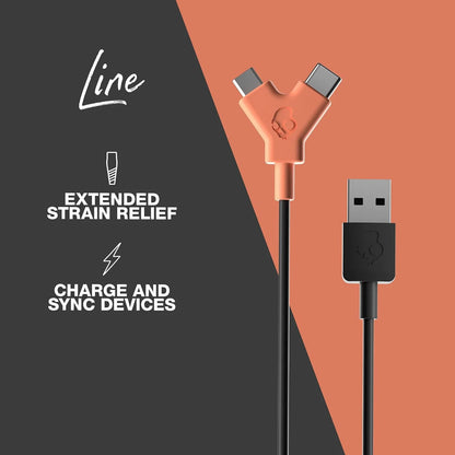 Skullcandy Line Duo USB Charger Cable, 12W USB A to Micro USB/USB C Dual Charger Cable for Samsung/Android Phones, Speakers, Headphones and Bluetooth Devices, 2ft - Black/Orange