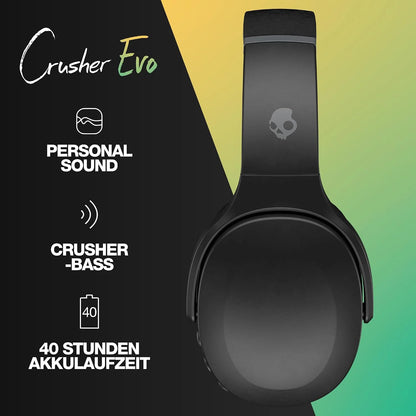 Skullcandy Crusher Evo Wireless Bluetooth Headphones with Extra USB-C Charging Cable, Multi-Sensory Bass, Noise Isolating Over-Ear Fit, 40 Hours Battery, Microphone for iPhone Android - True Black