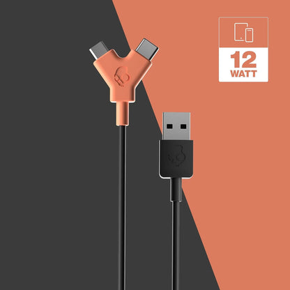 Skullcandy Line Duo USB Charger Cable, 12W USB A to Micro USB/USB C Dual Charger Cable for Samsung/Android Phones, Speakers, Headphones and Bluetooth Devices, 2ft - Black/Orange