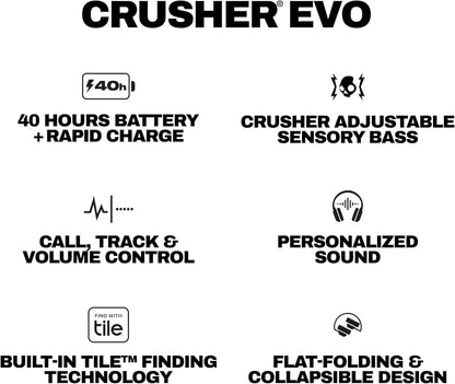 Skullcandy Crusher Evo Wireless Bluetooth Headphones Blue/Grey, Multi-Sensory Bass, 40Hr Wireless, Noise Isolating Over-Ear, Mic for iPhone/Android, Extra 3ft USB-C to USB-C Charging Cable