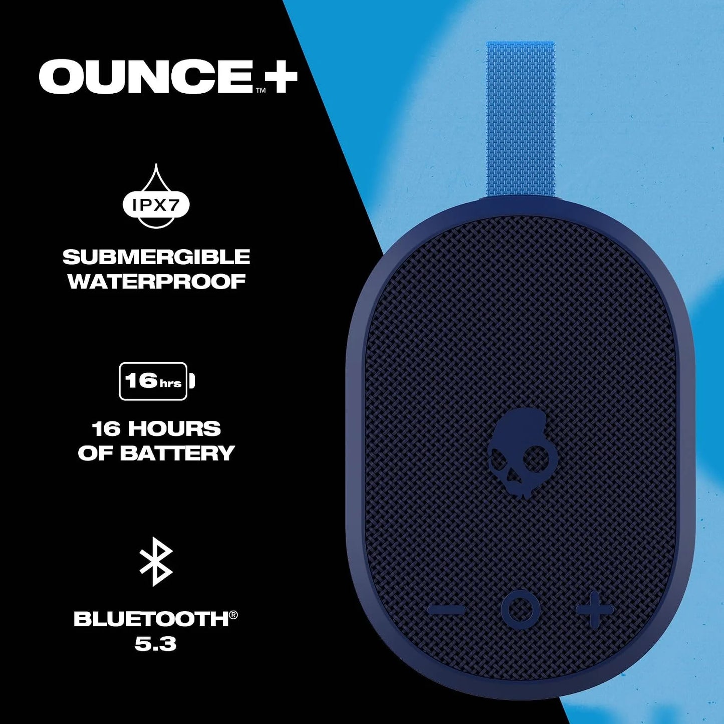 Skullcandy Ounce+ Wireless Bluetooth Speaker - IPX7 Waterproof Mini Portable Speaker with 16 Hour Battery, True Wireless Stereo, and Ballistic Nylon Carry Strap (Navy)
