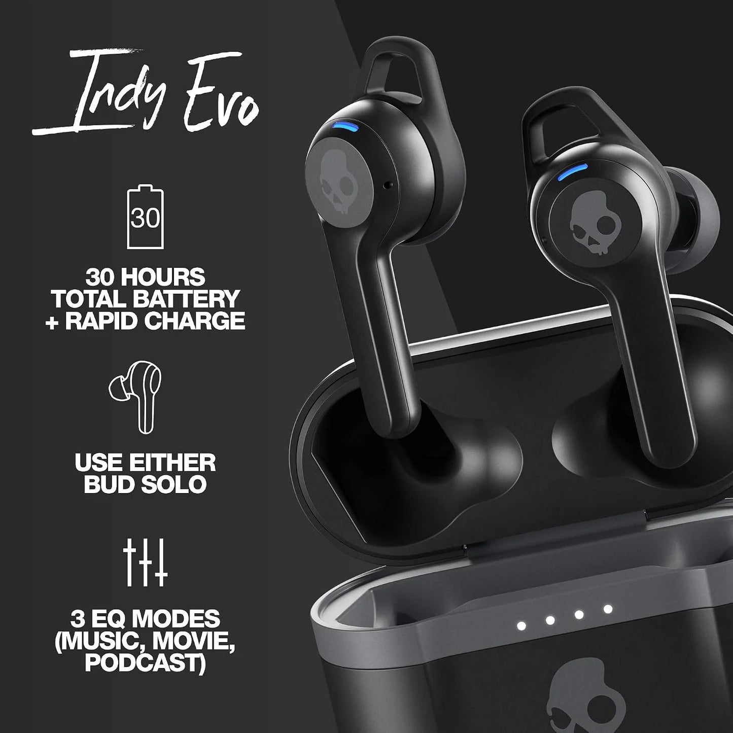 Skullcandy Indy Evo in-Ear Wireless Earbuds, 30 Hr Battery, Microphone, Works with iPhone Android and Bluetooth Devices - Black