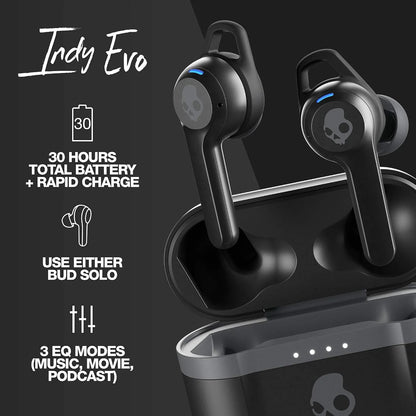 Skullcandy Indy Evo in-Ear Wireless Earbuds, 30 Hr Battery, Microphone, Works with iPhone Android and Bluetooth Devices - Black