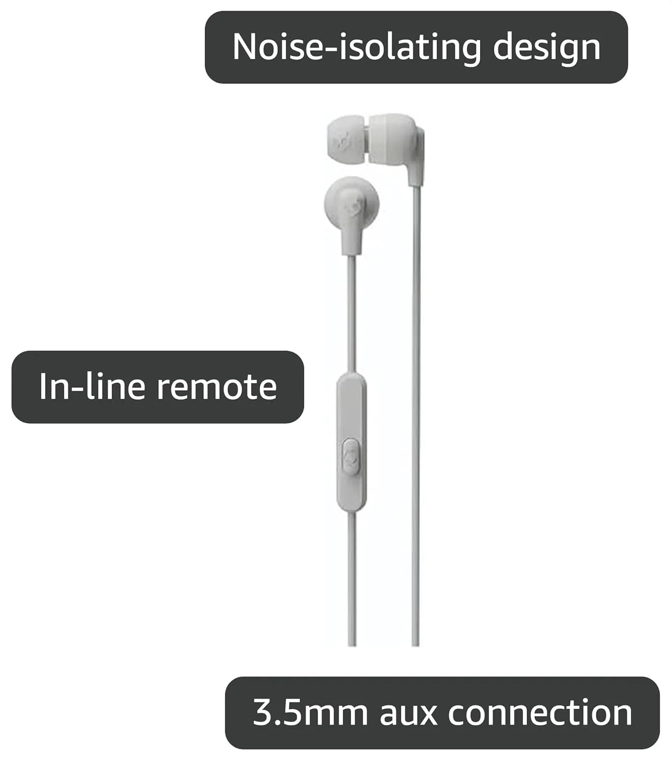 Skullcandy Ink'd Wired in-Ear Headphones with Microphone, Noise-Isolating Earbuds, 3.5mm AUX Connection, Lightweight Design, Call and Track Control – White