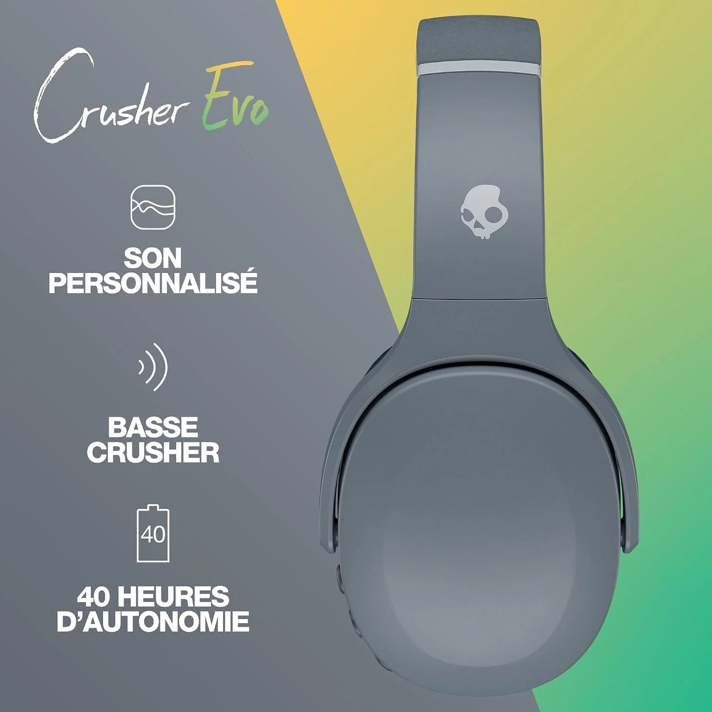Skullcandy Crusher Evo Wireless Bluetooth Headphones with Extra USB-C Charging Cable, Multi-Sensory Bass, Noise Isolating Over-Ear Fit, 40 Hours Battery, Microphone for iPhone Android - Chill Grey