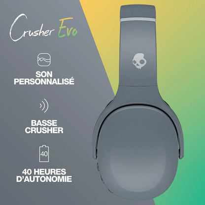 Skullcandy Crusher Evo Wireless Bluetooth Headphones with Extra USB-C Charging Cable, Multi-Sensory Bass, Noise Isolating Over-Ear Fit, 40 Hours Battery, Microphone for iPhone Android - Chill Grey