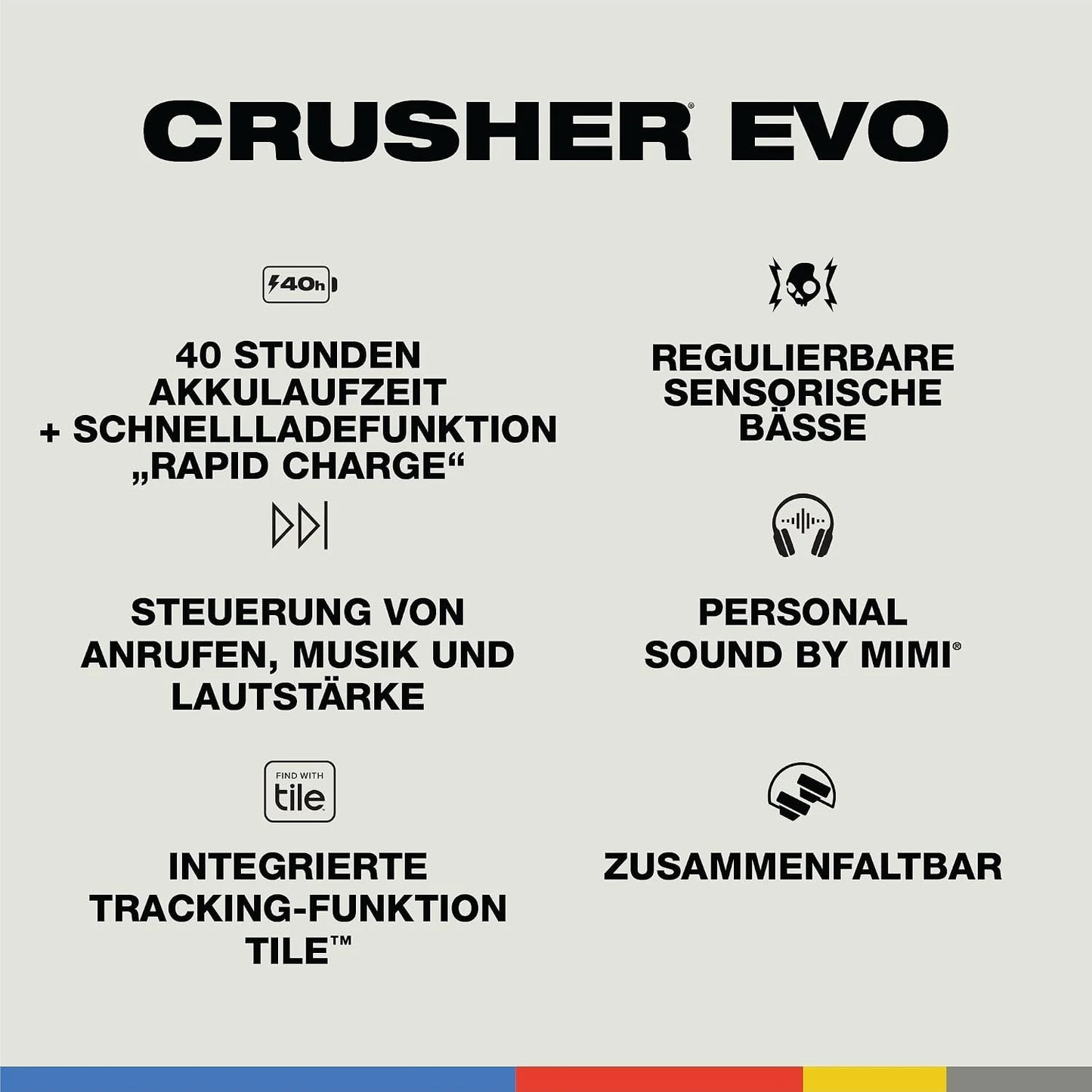Skullcandy Crusher Evo Wireless Bluetooth Headphones with Extra USB-C Charging Cable, Multi-Sensory Bass, Noise Isolating Over-Ear Fit, 40 Hours Battery, Microphone for iPhone Android - Bone