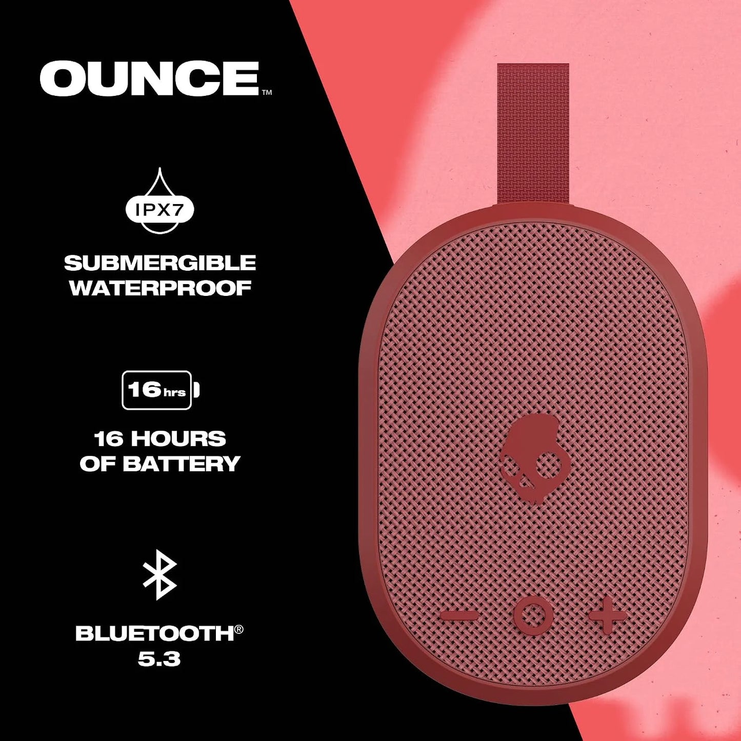 Skullcandy Ounce Wireless Bluetooth Speaker - IPX7 Waterproof Mini Portable Speaker with 16 Hour Battery, Downward Firing Passive Radiator, and Ballistic Nylon Carry Strap
